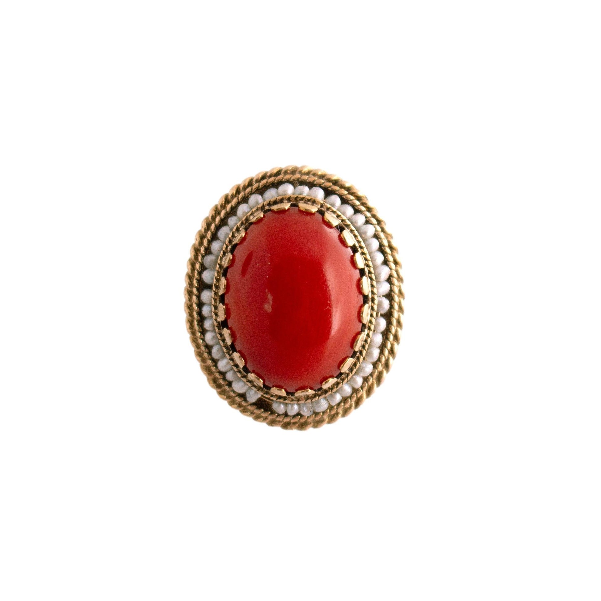 Vintage 14k yellow gold Red Coral and Seed Pearl Ring