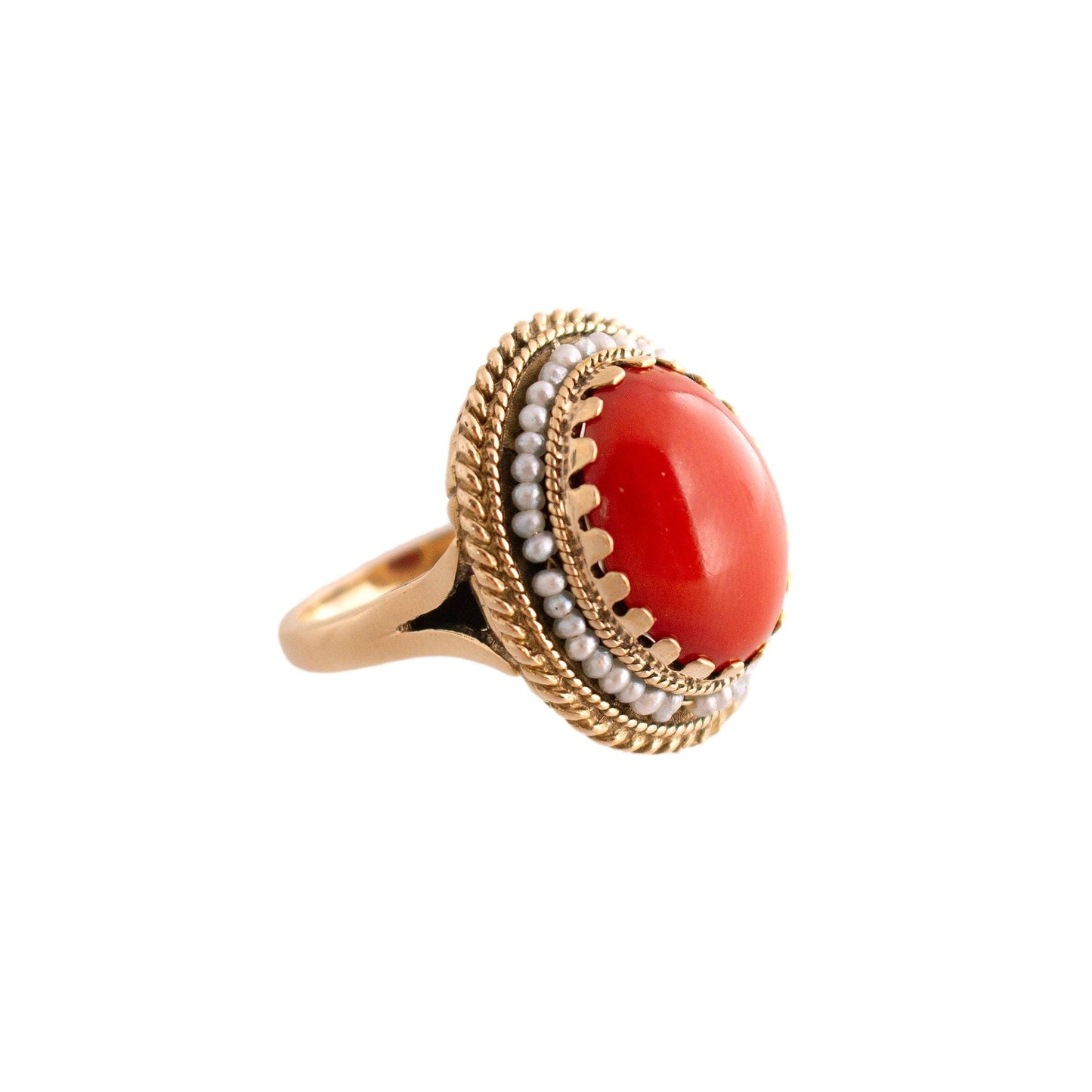 Vintage 14k yellow gold Red Coral and Seed Pearl Ring