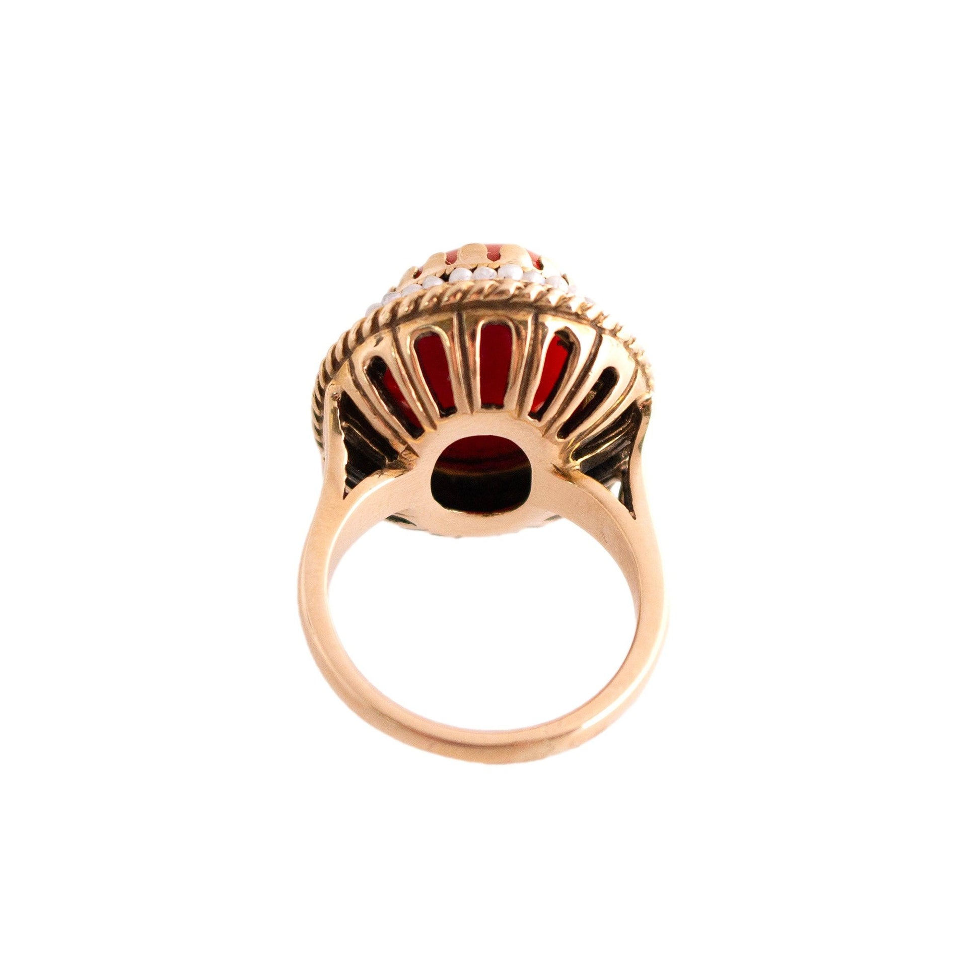 Vintage 14k yellow gold Red Coral and Seed Pearl Ring