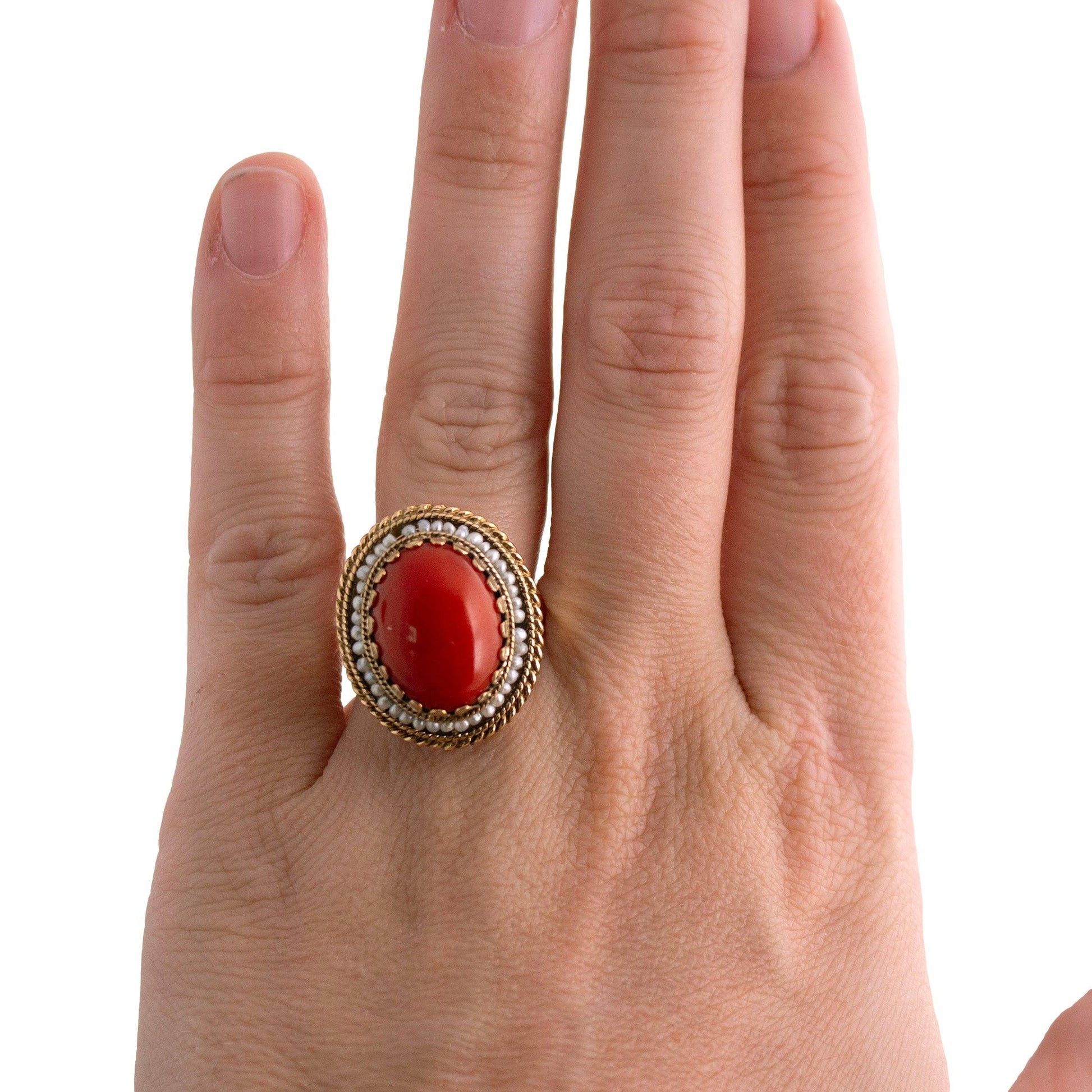 Vintage 14k yellow gold Red Coral and Seed Pearl Ring