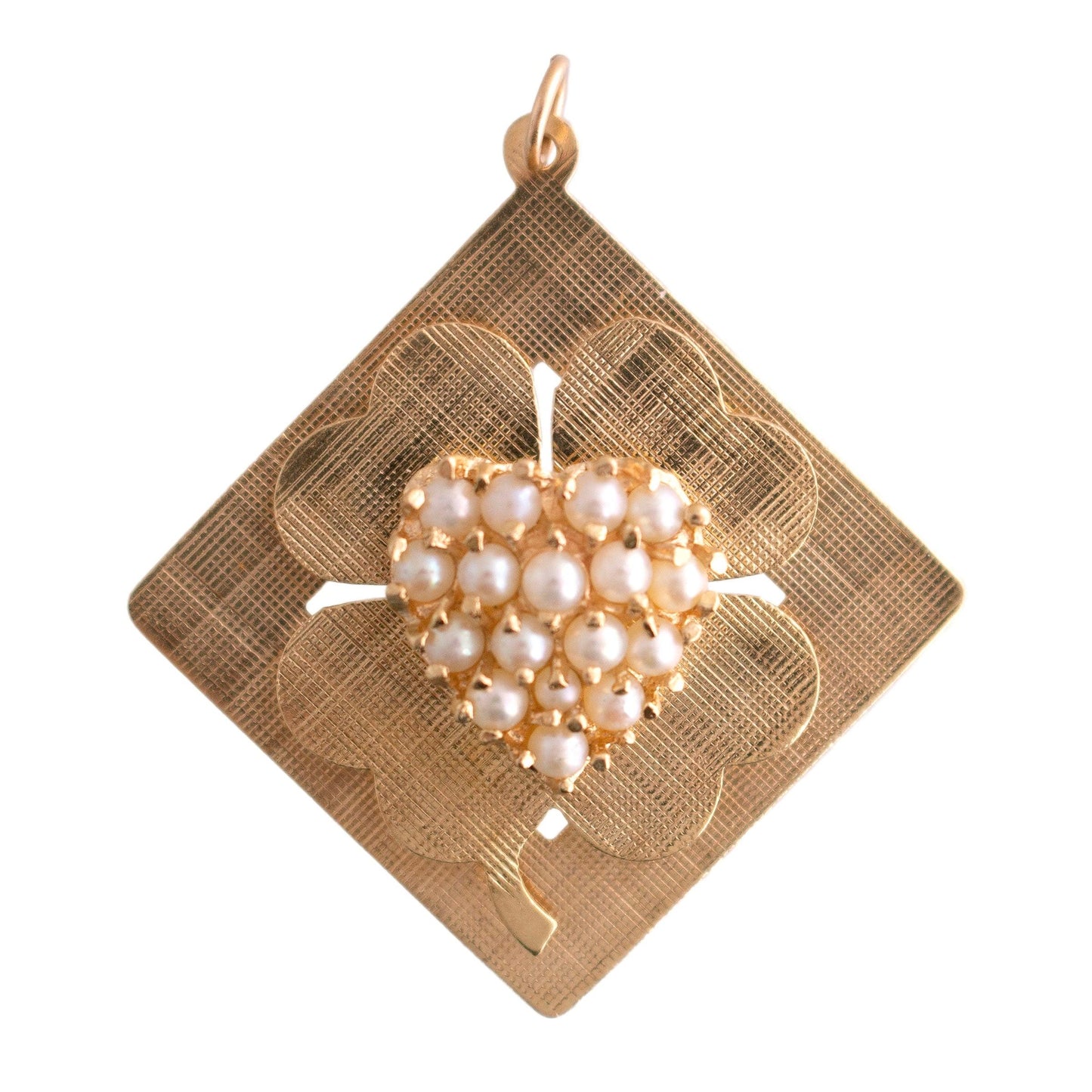 14k yellow gold Vintage Four Leaf Clover and cultured pearl charm