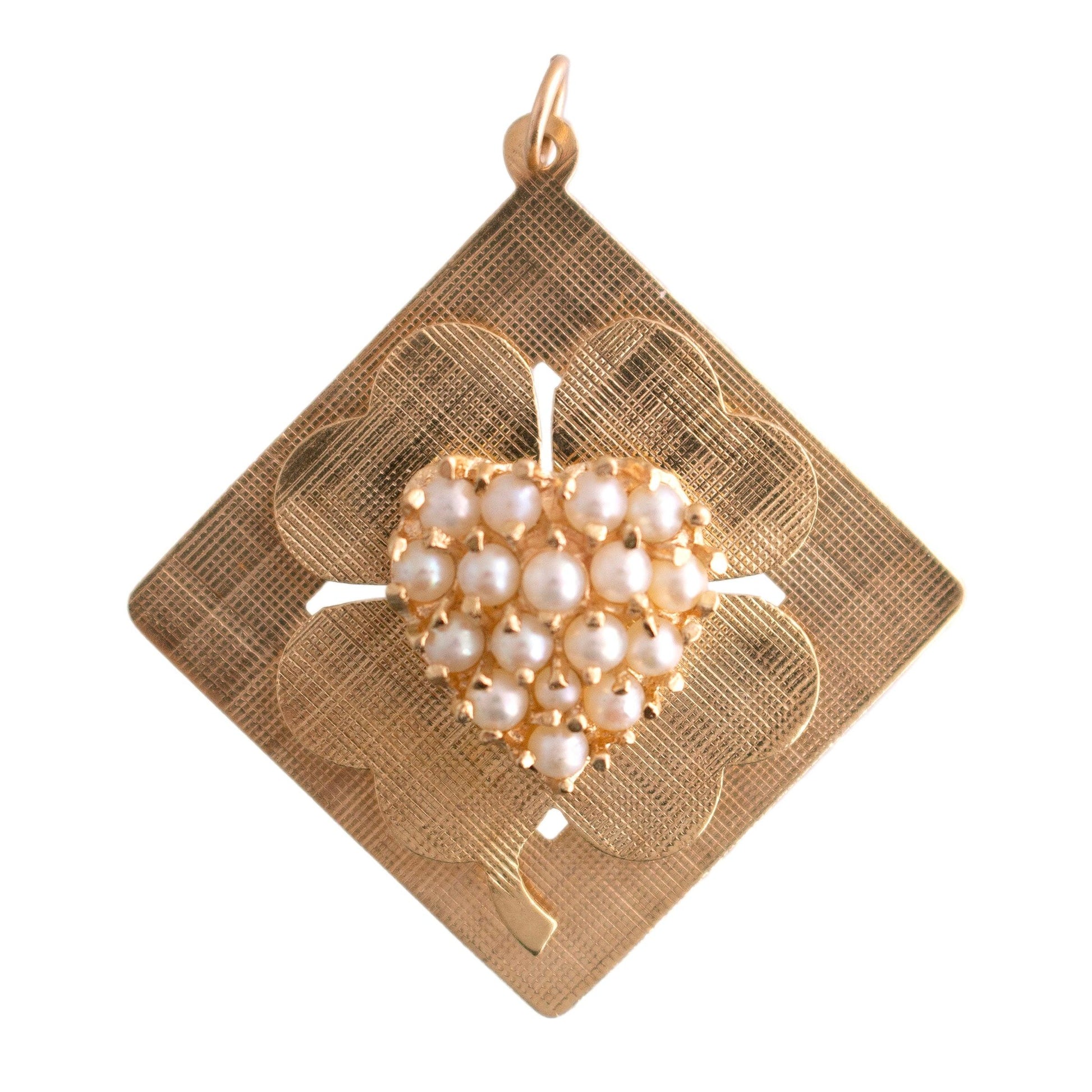 14k yellow gold Vintage Four Leaf Clover and cultured pearl charm