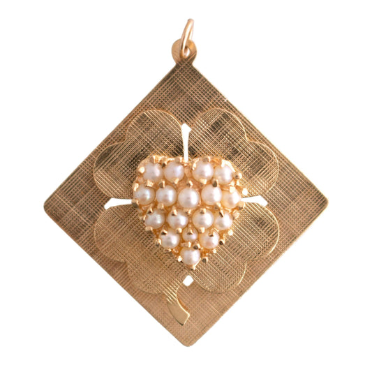 14k yellow gold Vintage Four Leaf Clover and cultured pearl charm