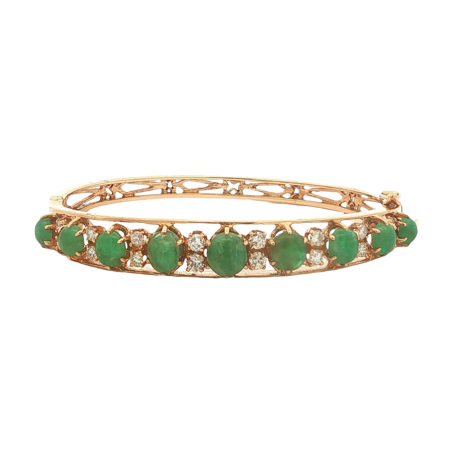 14K Gold Emerald Cabochon and Diamond Hinged Bracelet