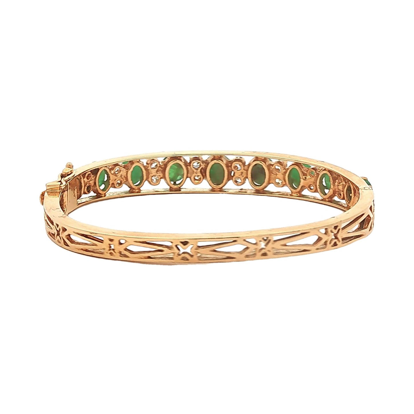 14K Gold Emerald Cabochon and Diamond Hinged Bracelet