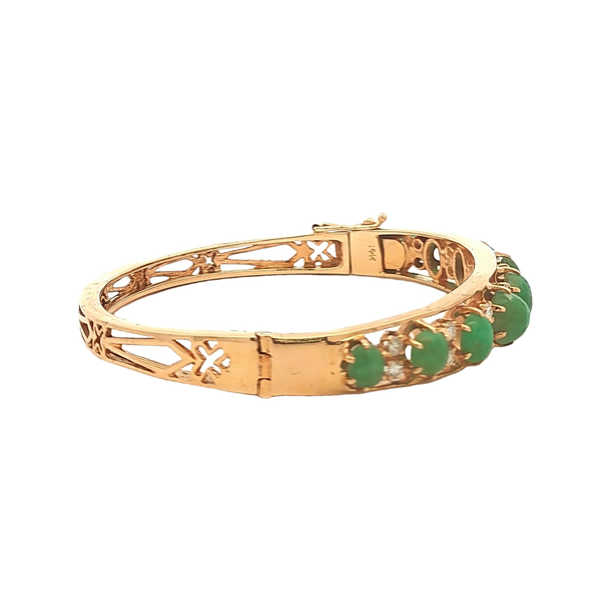 14K Gold Emerald Cabochon and Diamond Hinged Bracelet