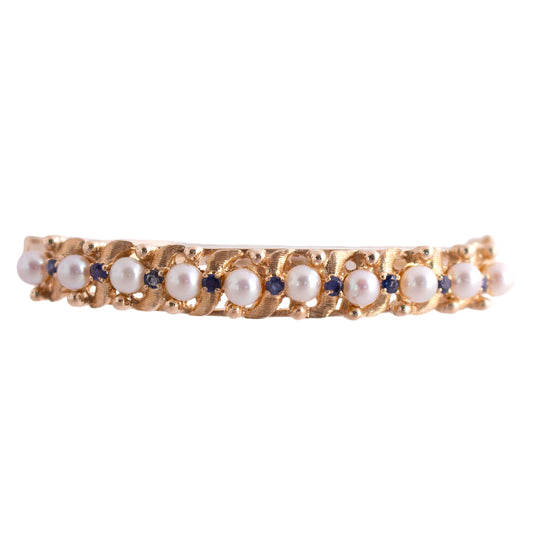 14K Gold Cultured Pearl and Sapphire Bangle