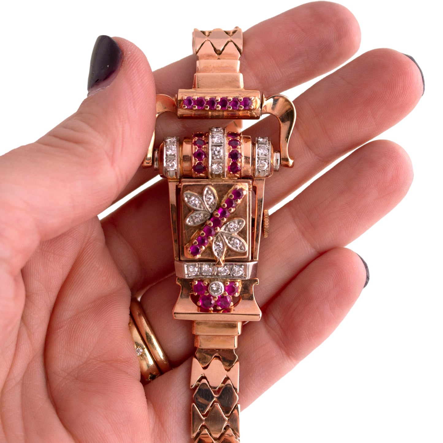 Retro Rose Gold Ruby and Diamond Watch