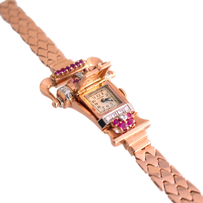 Retro Rose Gold Ruby and Diamond Watch