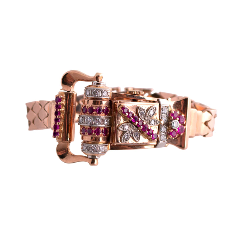 Retro Rose Gold Ruby and Diamond Watch