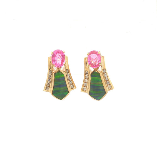 Pink Sapphire, Opal Doublet and Diamond Earrings
