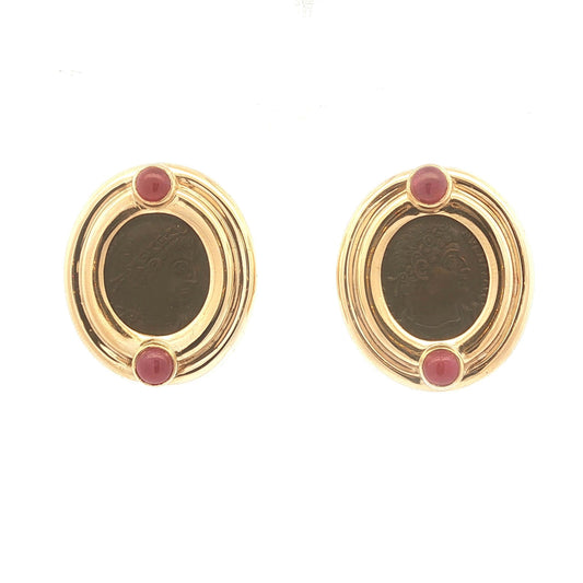 14K Gold Ancient Coin with Rubies Earrings