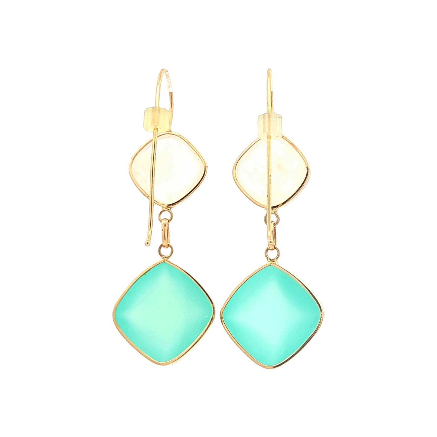 14K Gold Blue Chalcedony and Moonstone Dangle Earrings