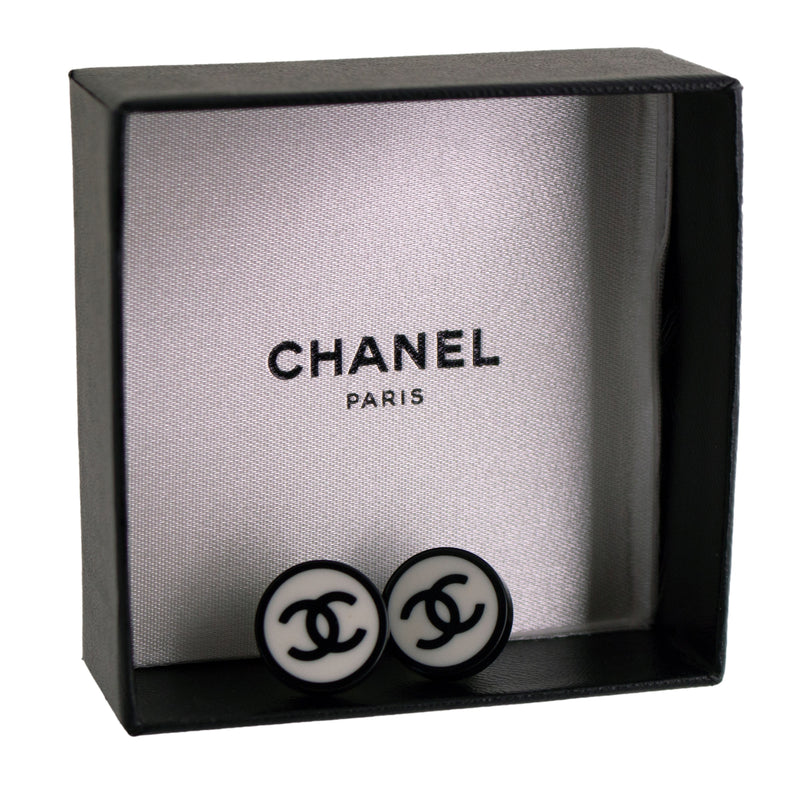 Vintage Chanel Black and White Logo Stud Earrings