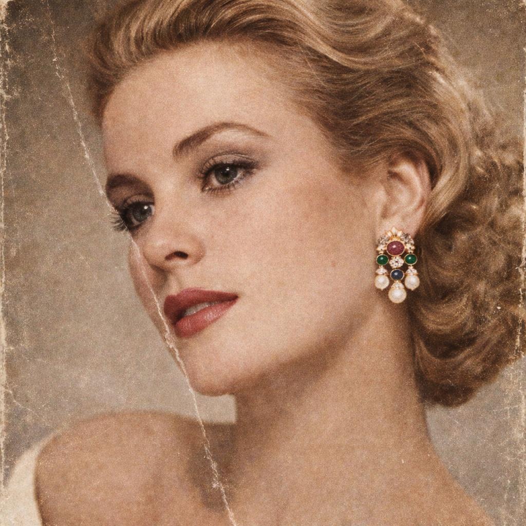 18k yellow gold Cabachon Ruby, Emerald, Sapphire, Diamond and Pearl Drop Earring