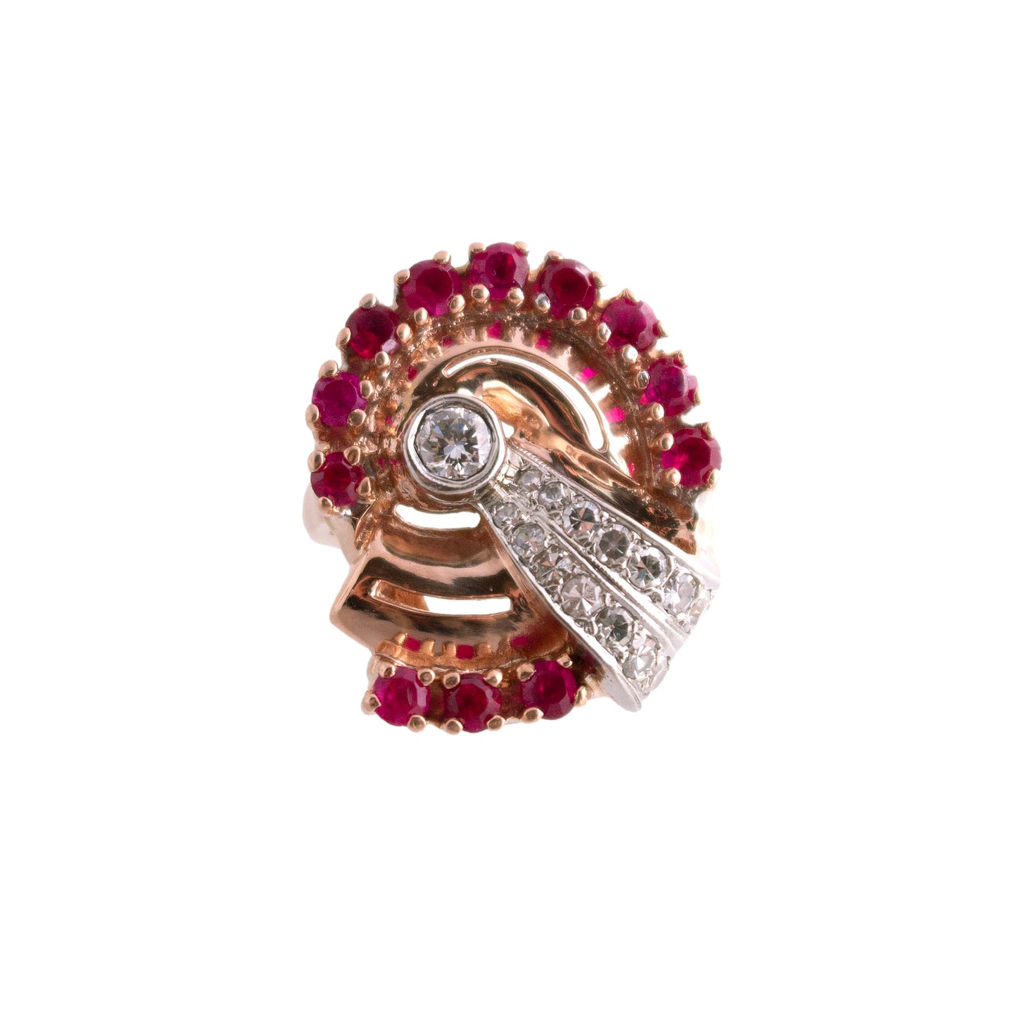 Retro 14k Rose Gold Diamond and Ruby Ring