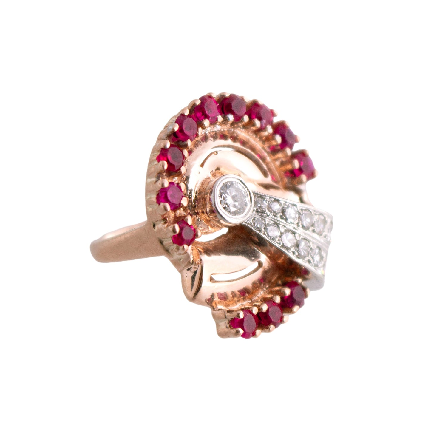 Retro 14k Rose Gold Diamond and Ruby Ring