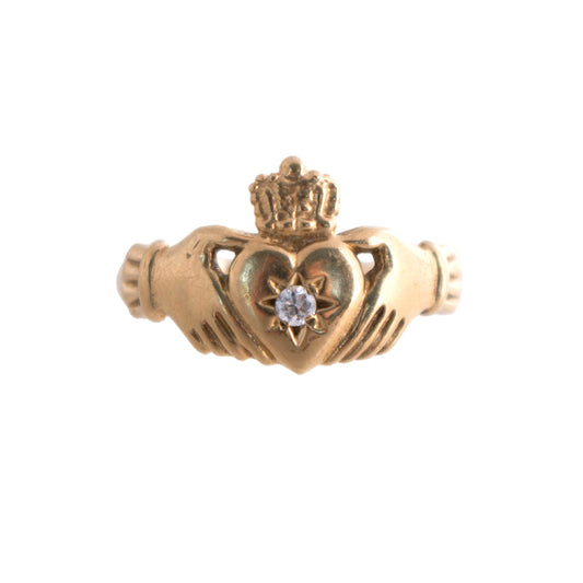 9K Gold Vintage Claddagh Ring with Diamond