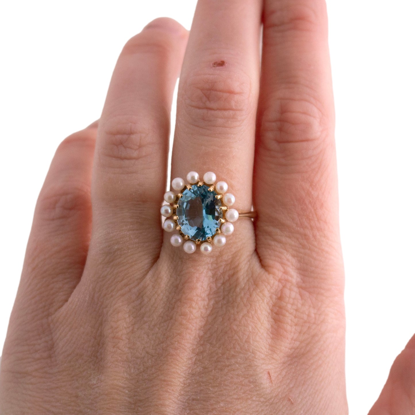 Blue Topaz and Seed Pearl Cocktail Ring