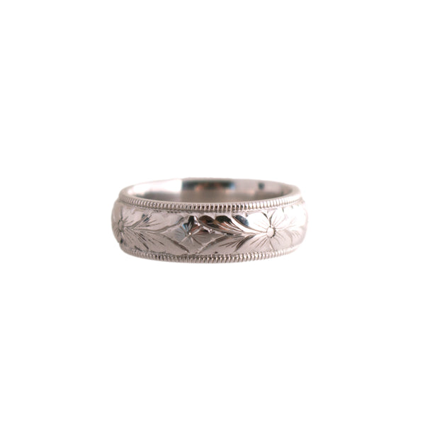 Vintage Platinum Floral Etched Wedding Band