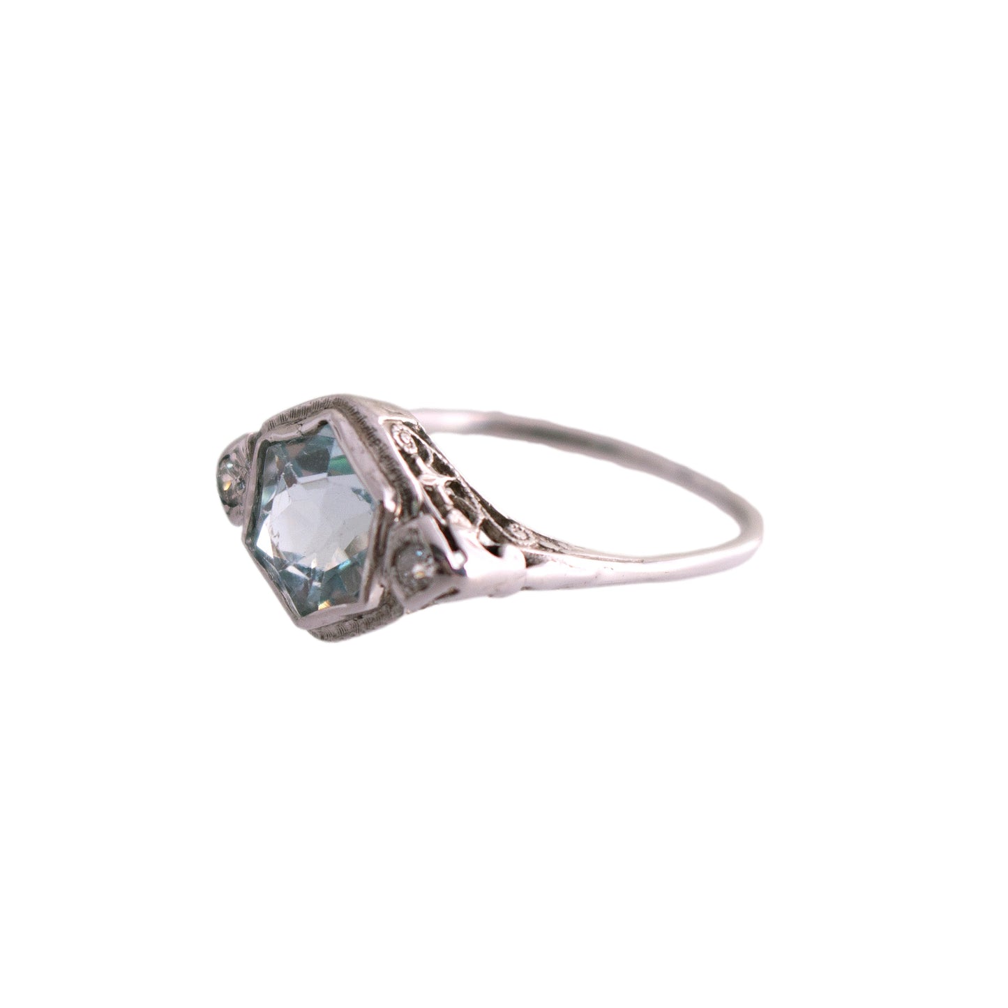 14K White Gold Aqua Filigree Ring