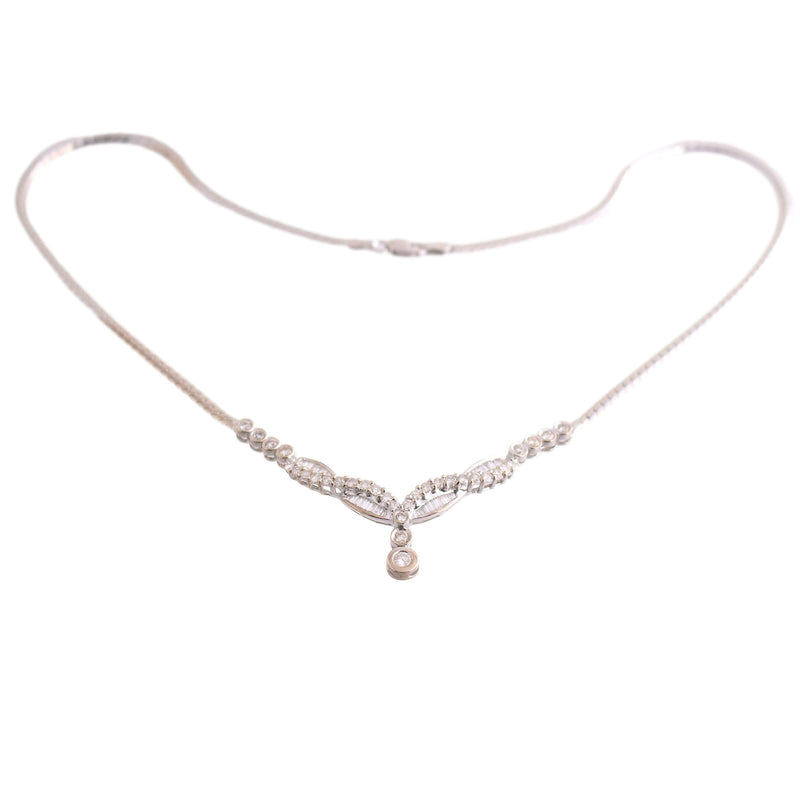 18K White Gold Baguette and Round Diamond Necklace