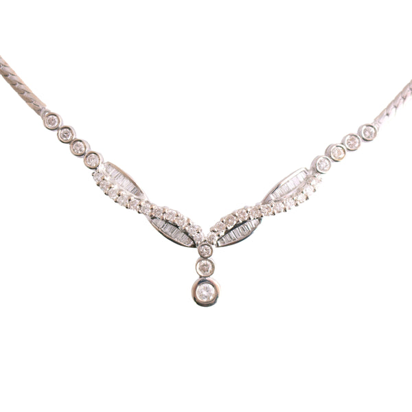 18K White Gold Baguette and Round Diamond Necklace