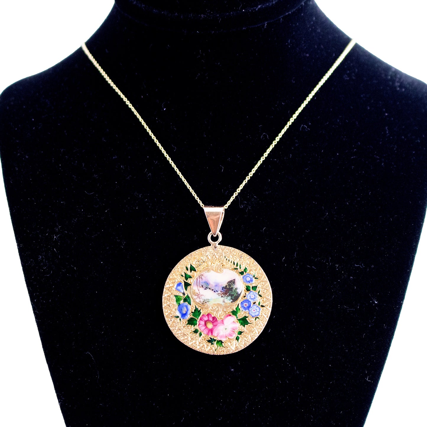 18K Gold Floral Enameled Pendant on Chain