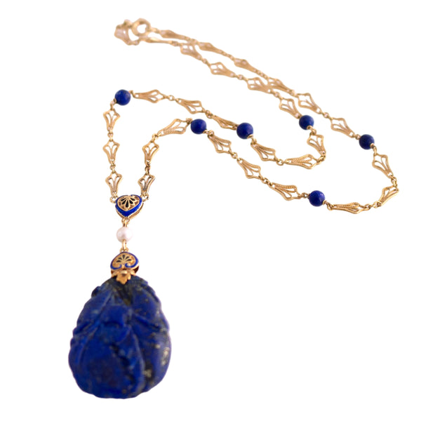 Carved Lapis and Enamel Necklace