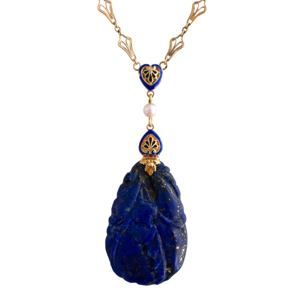 Carved Lapis and Enamel Necklace