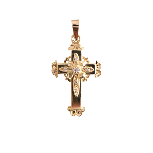 14K Gold Ornate CZ Cross Pendant