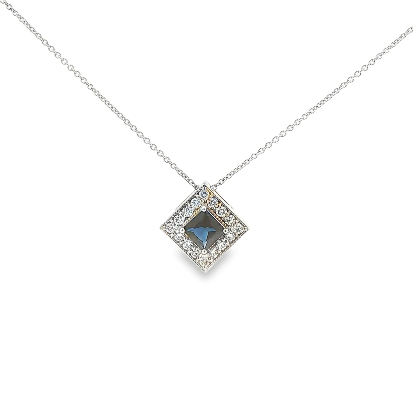 14K White Gold Sapphire and Diamond Square Pendant