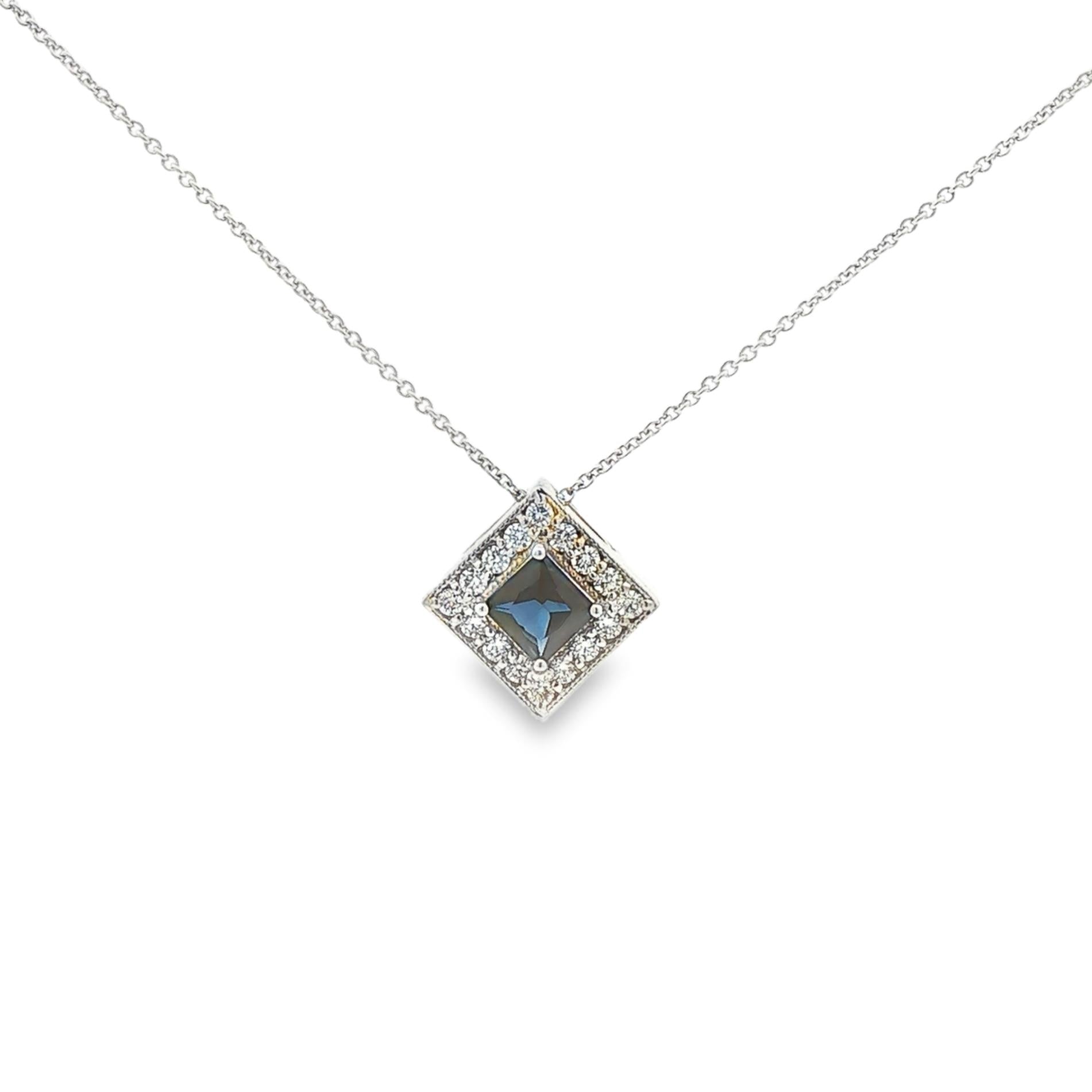 14K White Gold Sapphire and Diamond Square Pendant