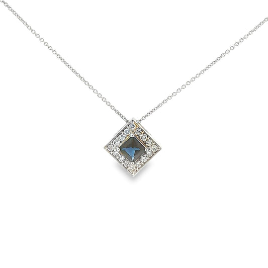 14K White Gold Sapphire and Diamond Square Pendant
