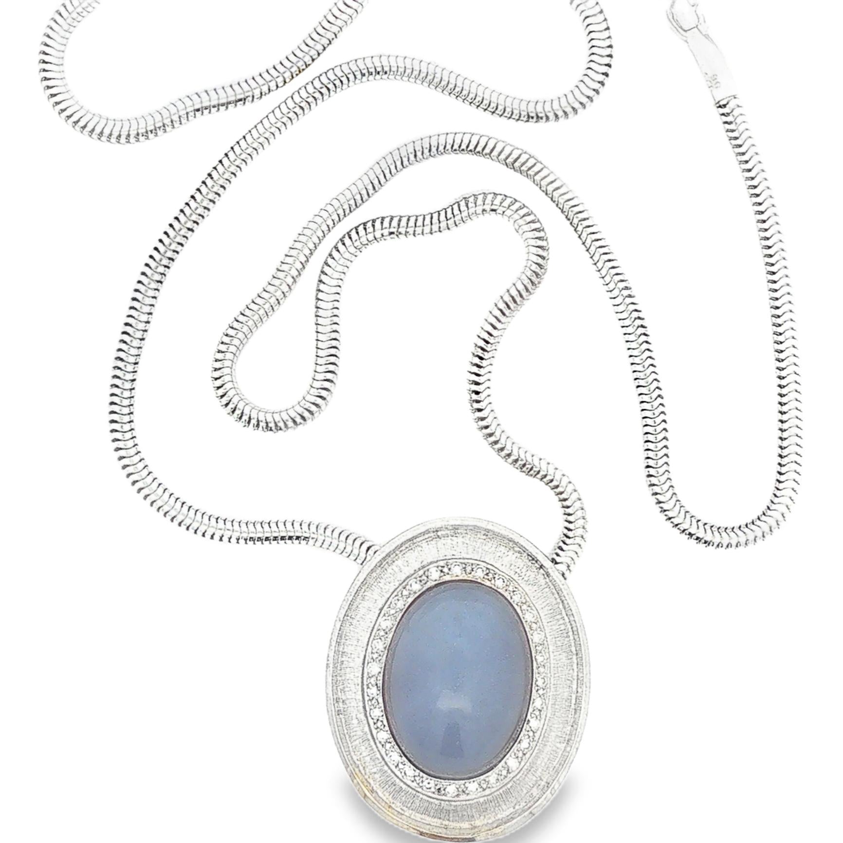 Blue Chalcedony Cabochon Pendant on Snake Chain
