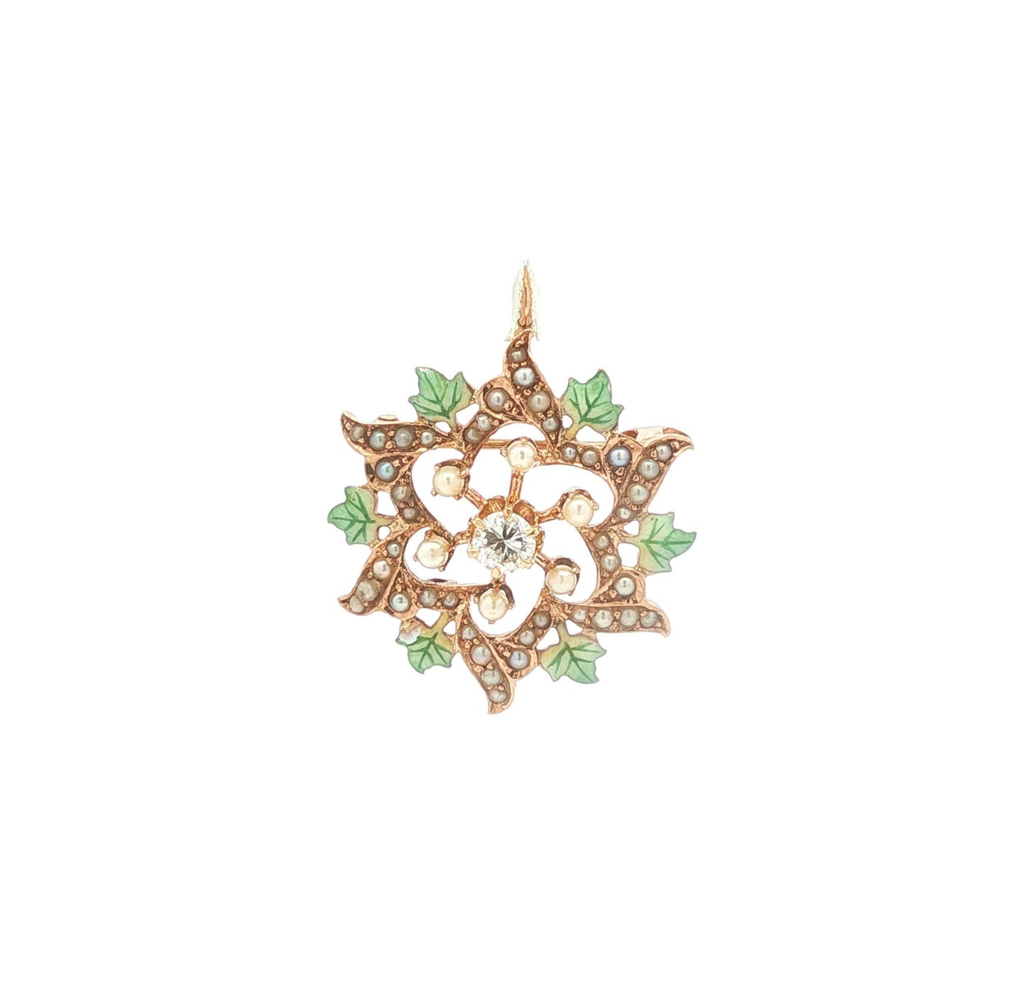 Antique Enameled Seed Pearl and Diamond Starburst Pin/Pendant