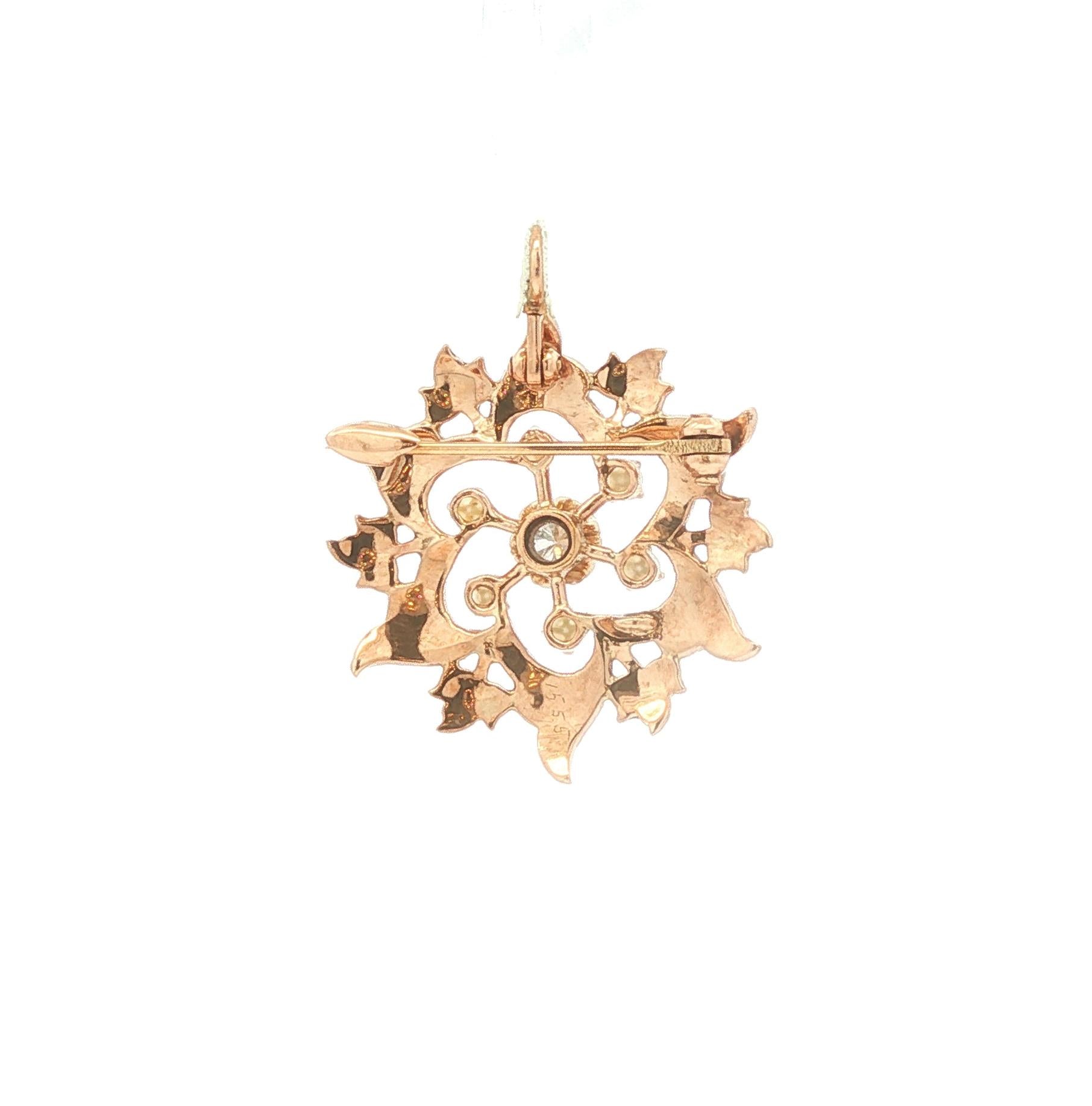 Antique Enameled Seed Pearl and Diamond Starburst Pin/Pendant