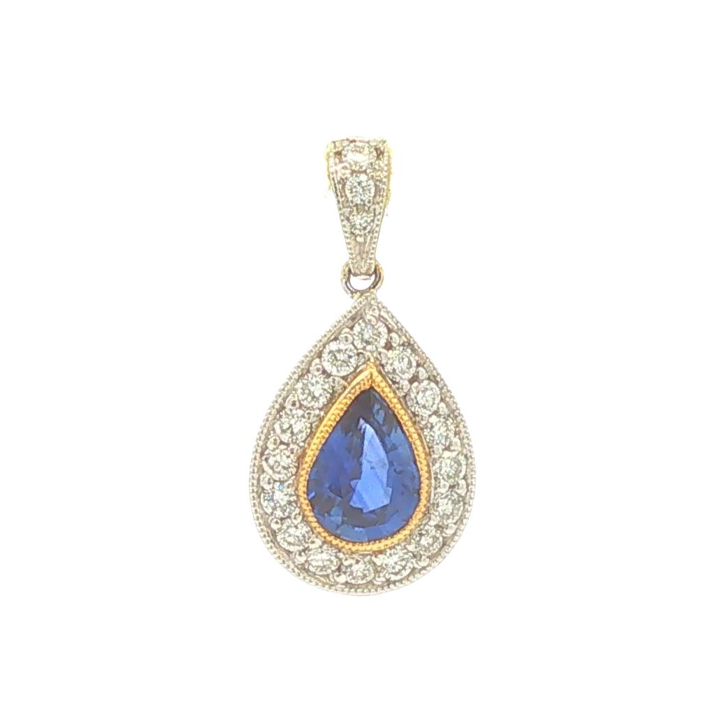 18K Gold Pear Shape Sapphire and Diamond Halo Pendant