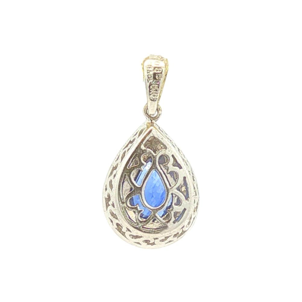 18K Gold Pear Shape Sapphire and Diamond Halo Pendant