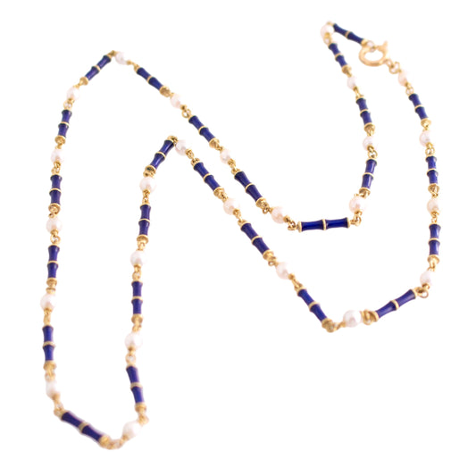 18K Gold Blue Enamel and Pearl Link Necklace