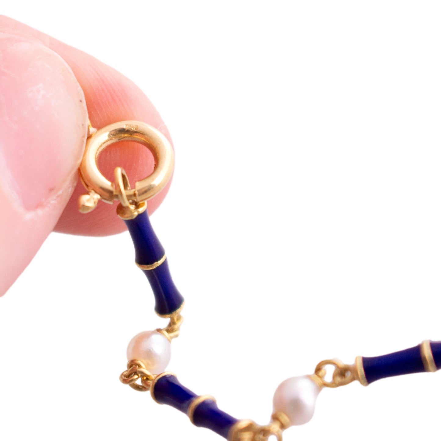 18K Gold Blue Enamel and Pearl Link Necklace