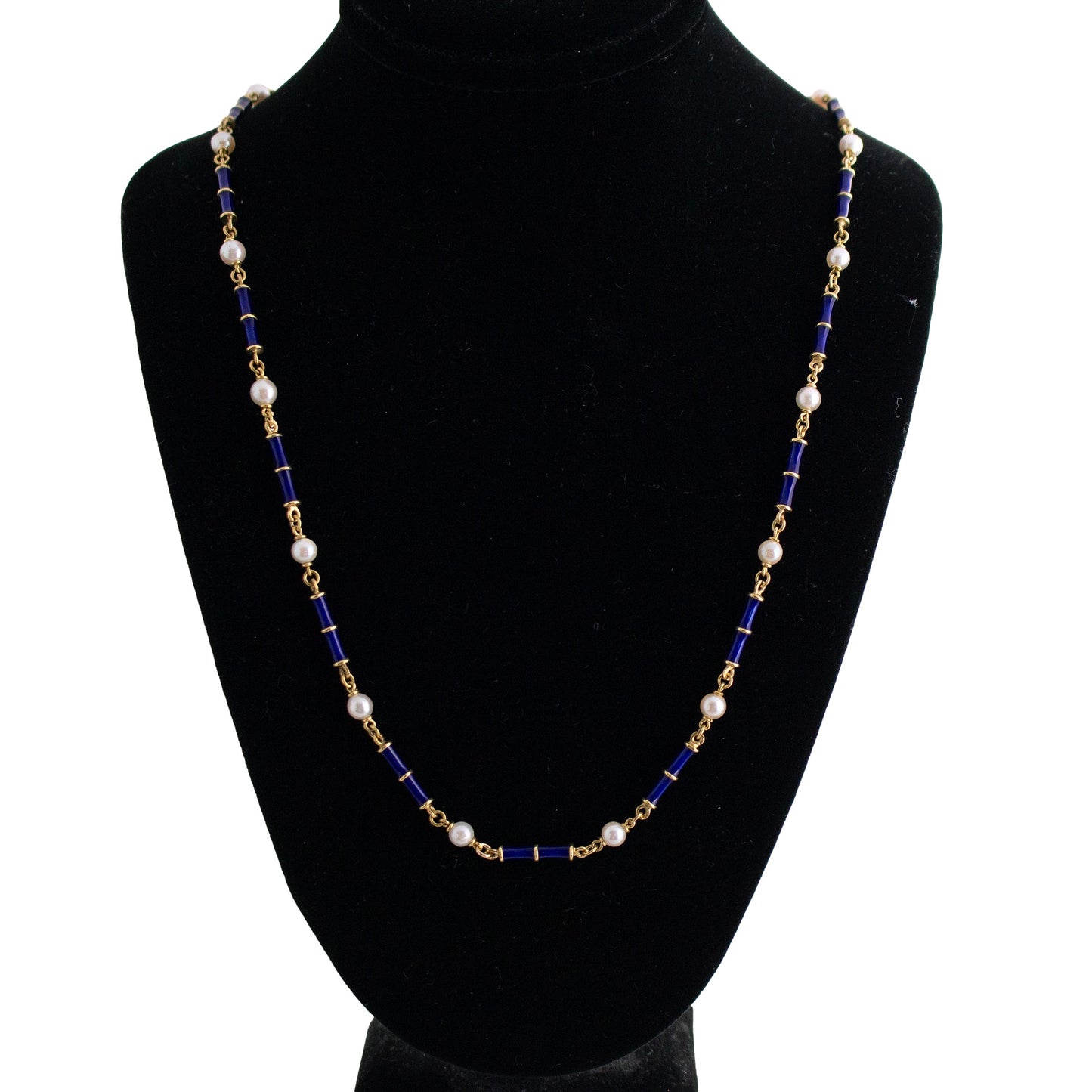 18K Gold Blue Enamel and Pearl Link Necklace