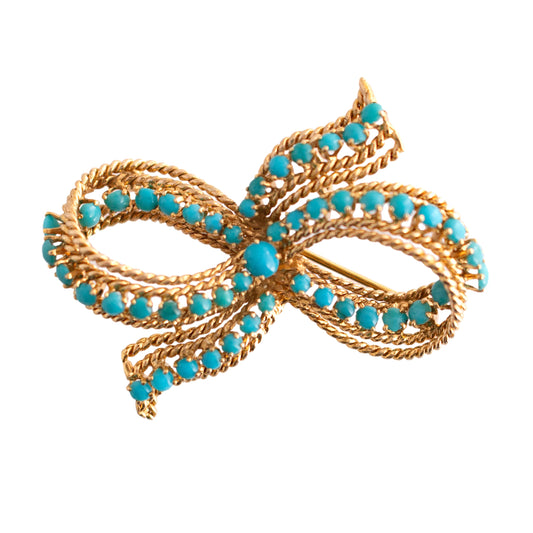 14K Gold Turquoise Bow Brooch