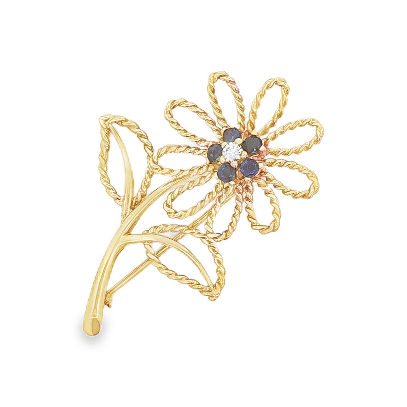 14K Gold Sapphire and Diamond Flower Brooch