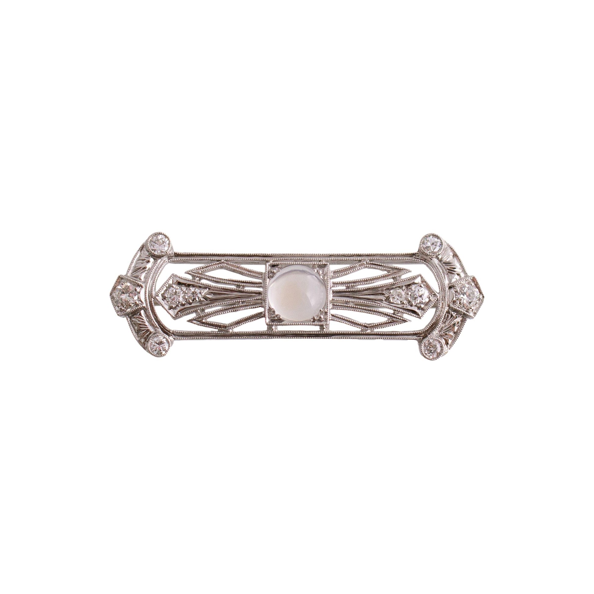 Art Deco Moonstone and Diamond Filigree Bar Brooch