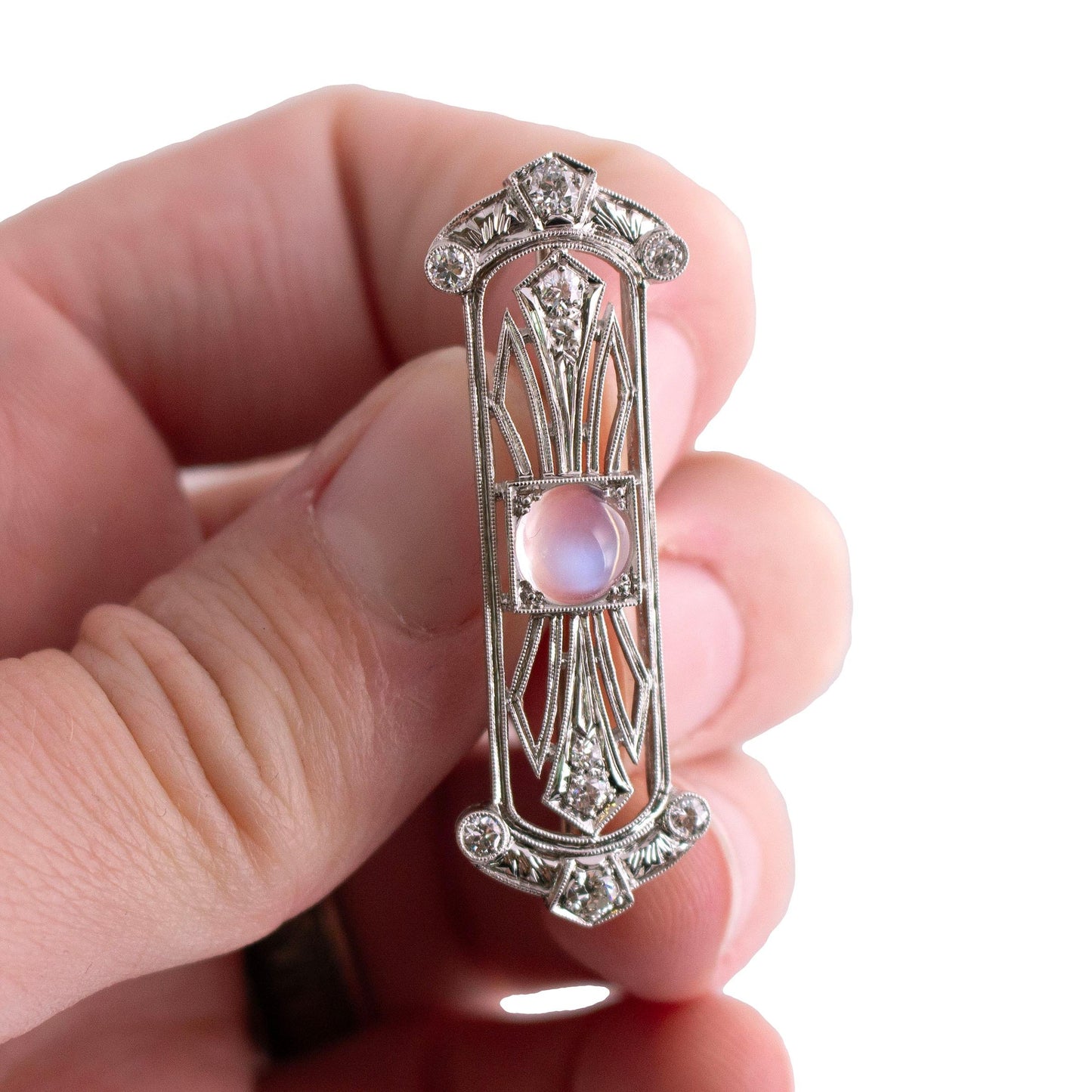 Art Deco Moonstone and Diamond Filigree Bar Brooch