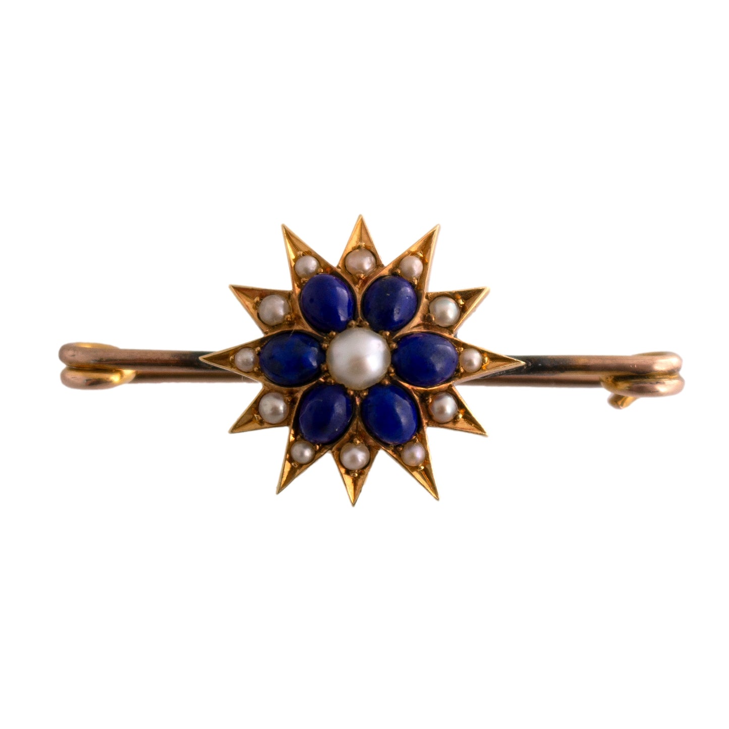 14K Gold Lapis and Seed Pearl Starburst Pin