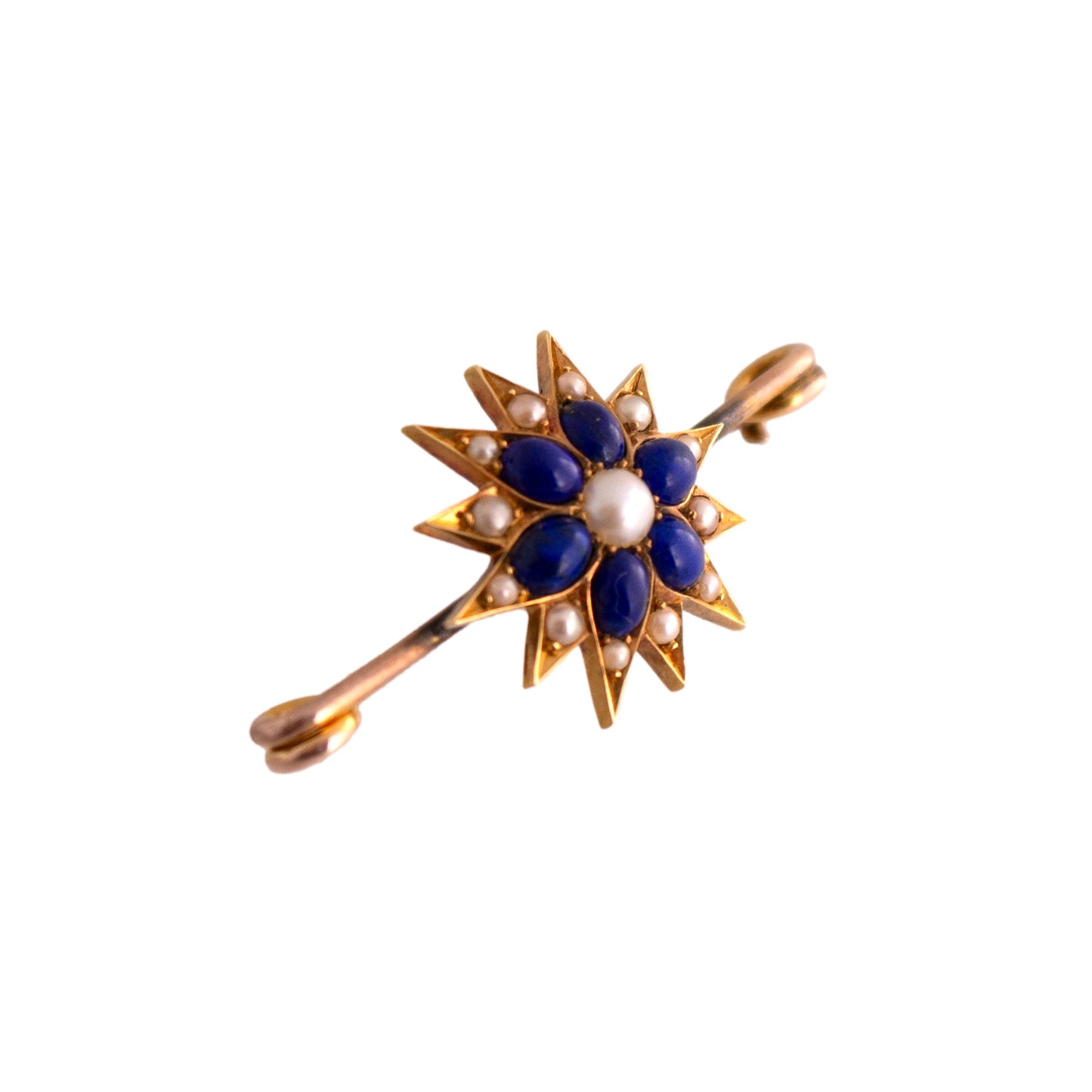 14K Gold Lapis and Seed Pearl Starburst Pin