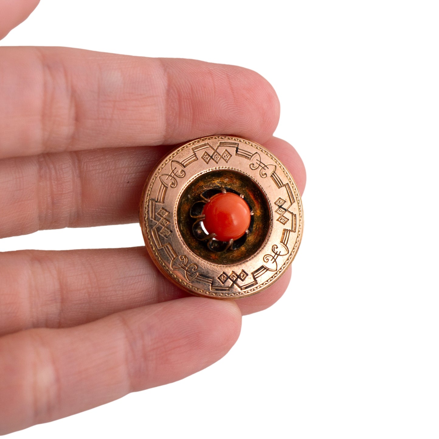 14K Gold Coral Circle Brooch