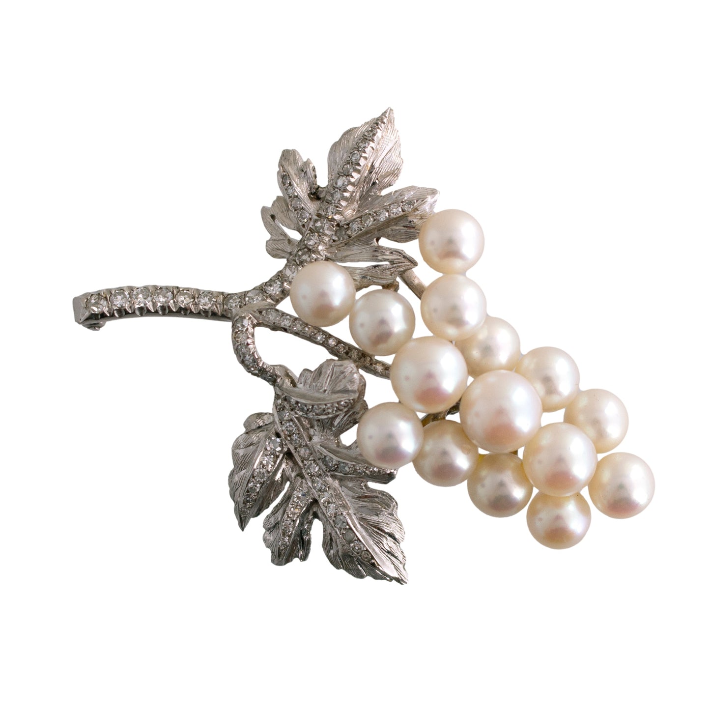 14K White Gold Cultured Pearl and Diamond Grape Brooch